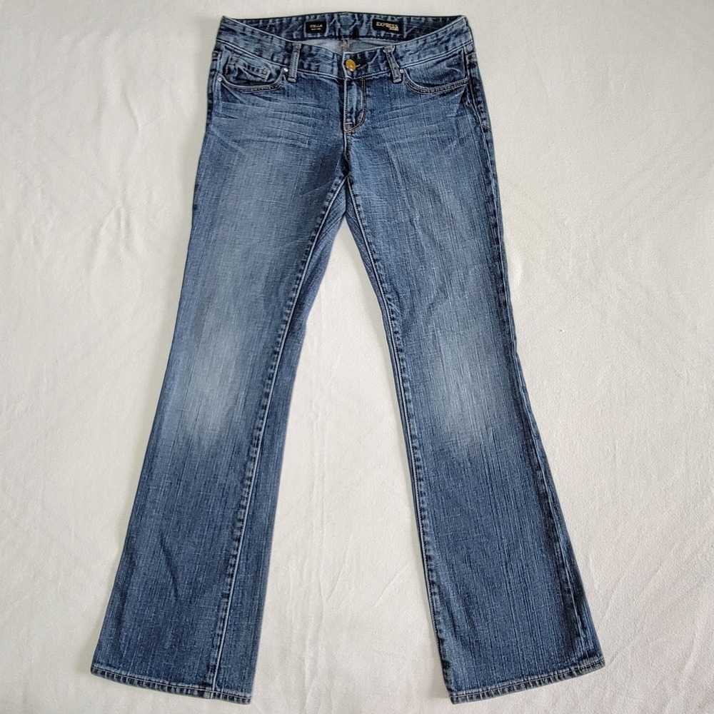 Express Stella Boot Leg Blue Jeans Women's 6 Y2K Embellished Lion Crest McBling